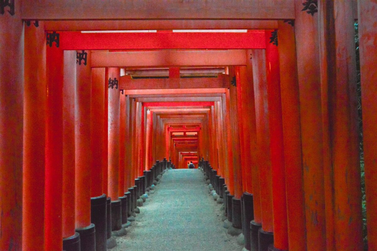 Rows of red torii gates at Fushimi Inari shrine in Kyoto