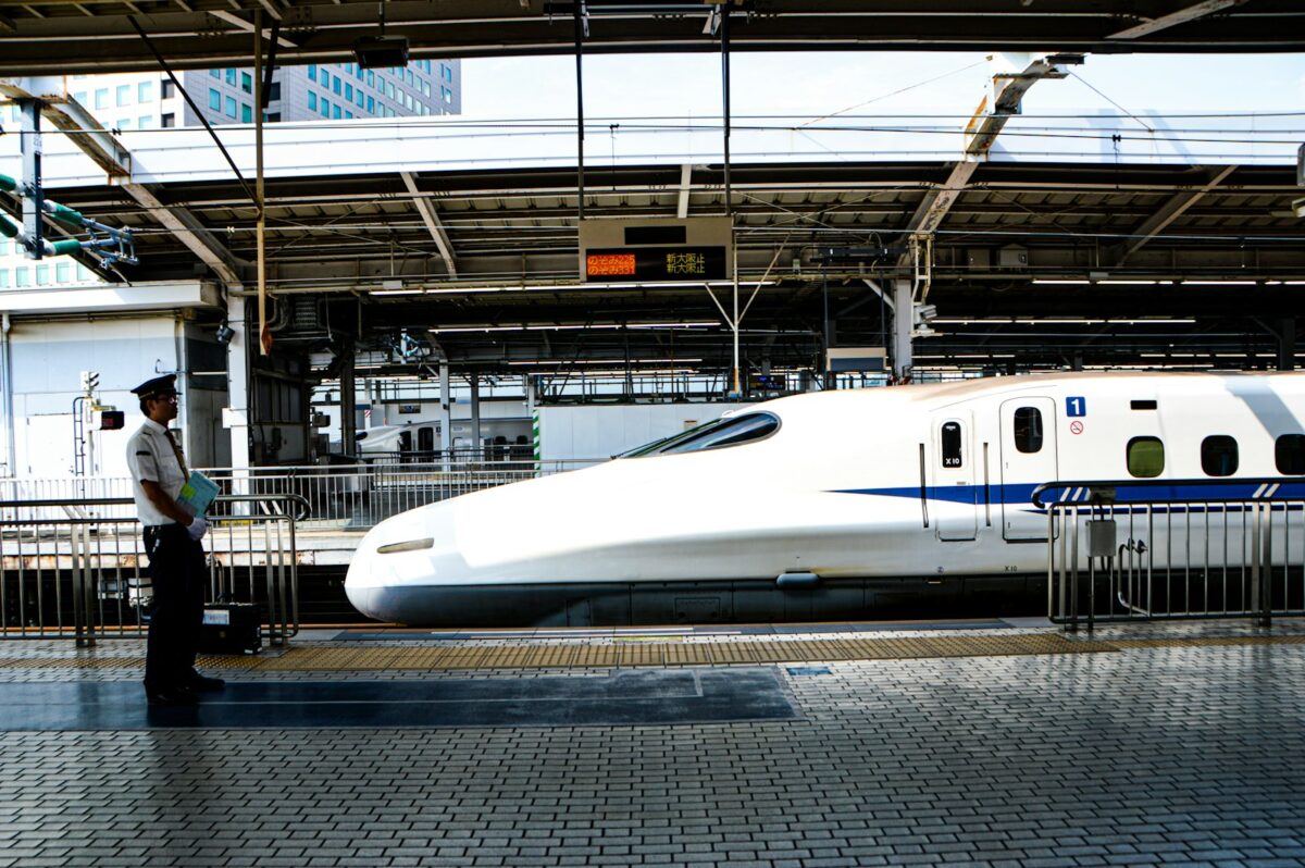 Shinkansen bullet train at a Japanese station platform