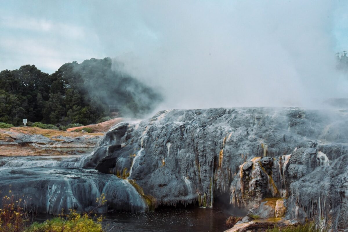 Steaming hot-spring water among rocks in Japan