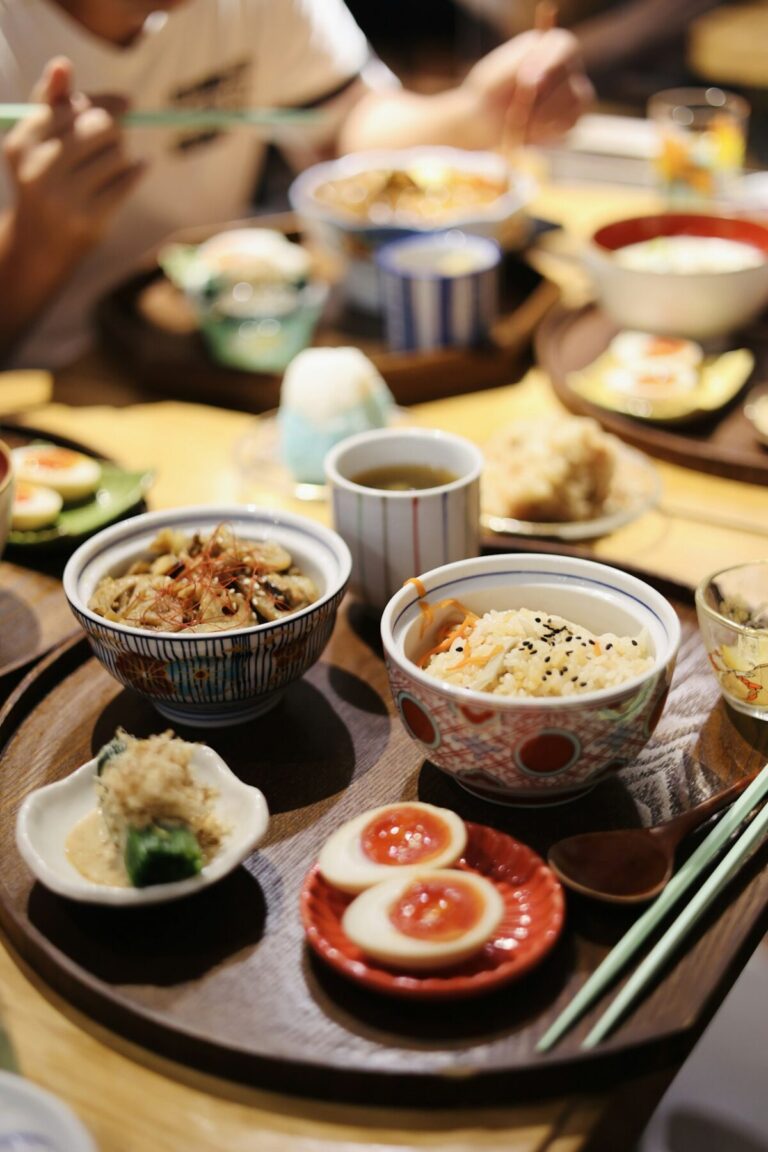 A Japanese meal served in ceramic bowls