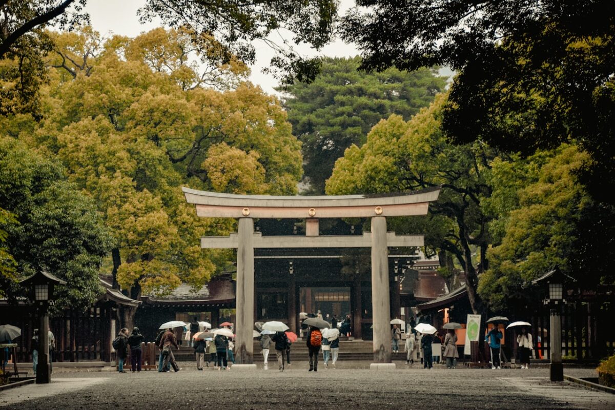 Visitors with umbrellas in front of a shrine gate in Japan